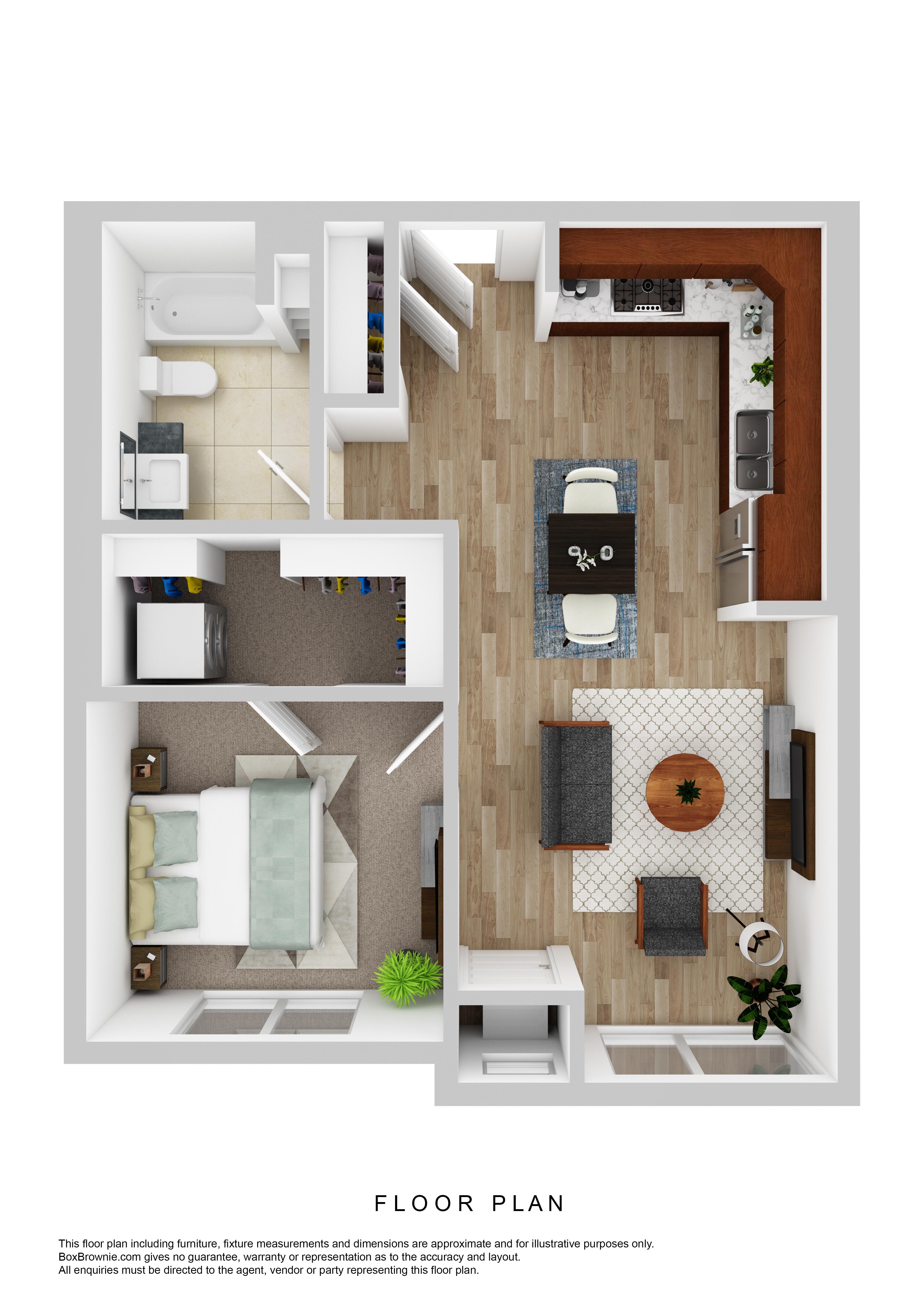 Floor plan for 1 bed, 1 bath, 705 sqft